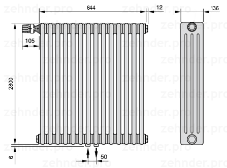 Схема (чертеж) Радиатор Zehnder Charleston 4280/14 №V007 Белый глянцевый RAL 9016